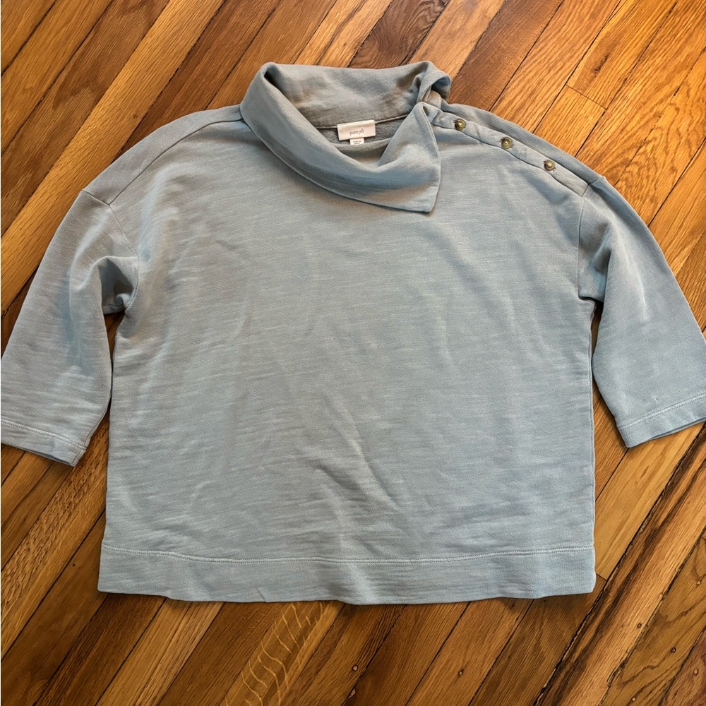 PureJill Cotton Fold over Collar Light blue 3/4 Sleeve Sweater